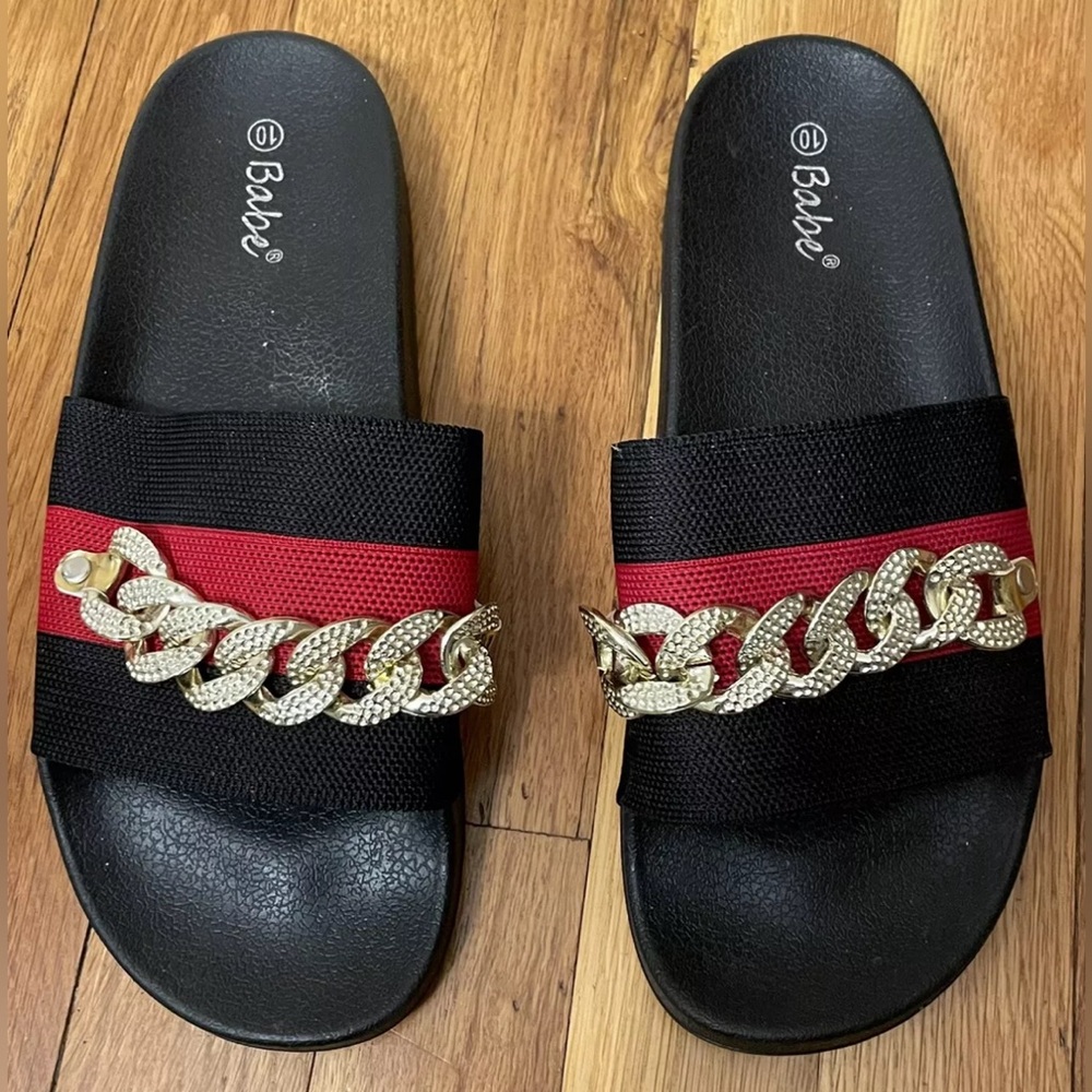 BABE black red gold fabric slide sandals 10